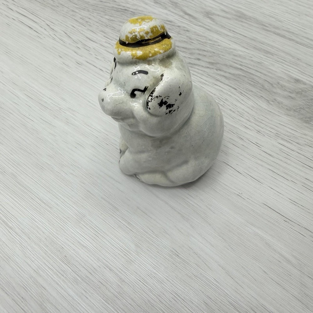 Bisque Pig Figurine Yellow Hat White Ceramic Antique 2 Inch Collectible VTG